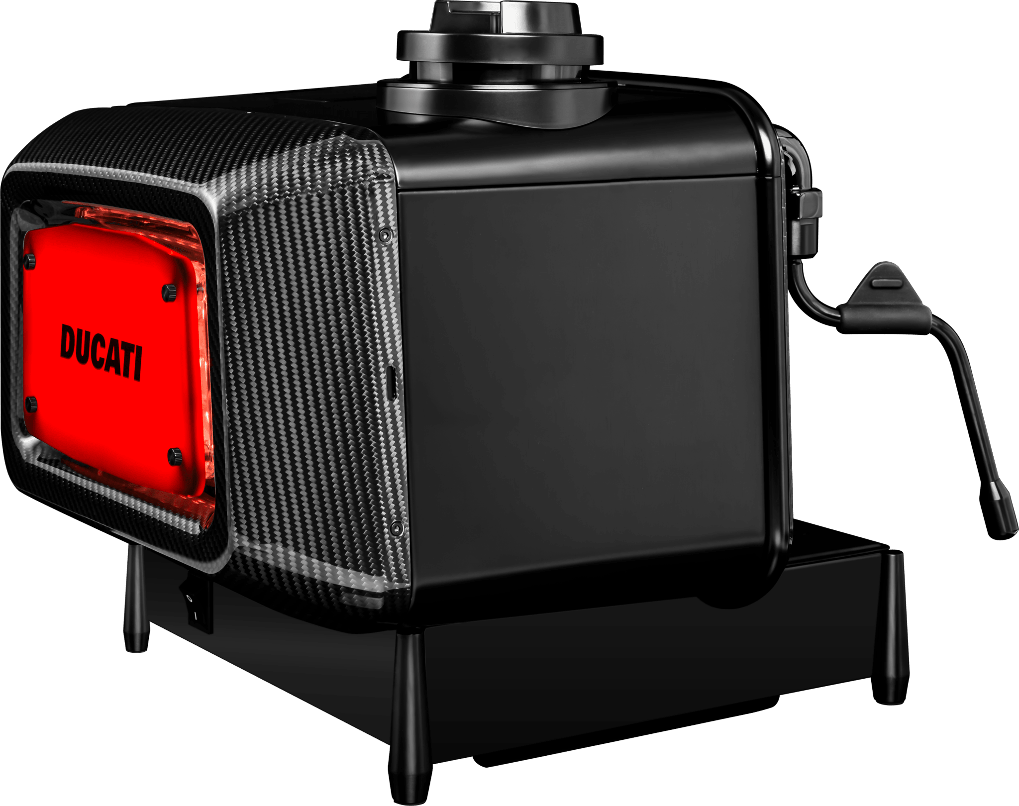 Barista M3 1926 Limited Edition – tre-kvart bagvinkel med oplyst Ducati-skjold